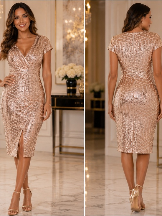 Dresses & Skirts - Elegant Rose Gold Sequin Wrap Dress- SIZE LARGE